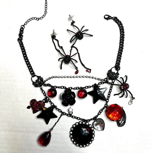 Vintage Betsey Johnson Spiderweb Necklace Set Charm Earrings Gothic Halloween - Picture 5 of 12